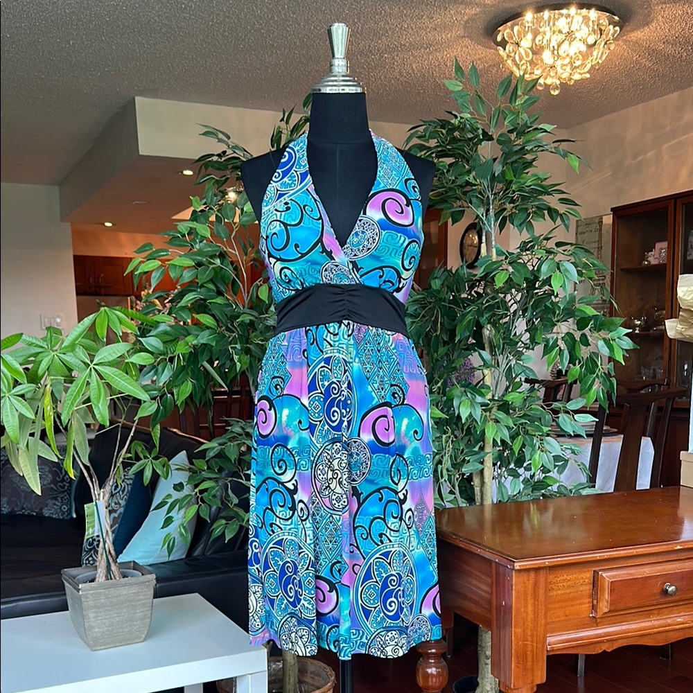 Vibrant Size Small Blue & Pink Women's Halter Dress with Stretch Marilyn Monroe
